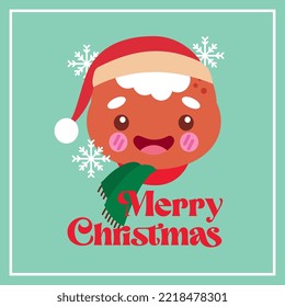 merry christmas card with face gingerbread man cookie. vector illustration