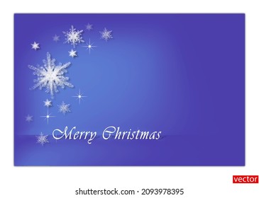 Merry Christmas card. Falling white snowflakes on the Very Peri background. Background for greeting text. Minimalist design. Horizontal banner, poster, cover. Greeting card template. Vector