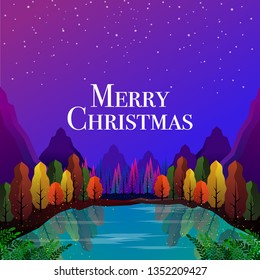 Merry Christmas Card in Fantasy multicolored forest and modern typography. Premium Christmas card in flat design. beautiful abstract stars night fairy tale with glitter in vector or eps design concept