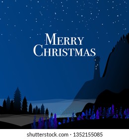 Merry Christmas Card in Fantasy Sea and modern typography. Premium Christmas card in flat design. beautiful abstract stars night fairy tale with glitter blue garden in vector creative design concept