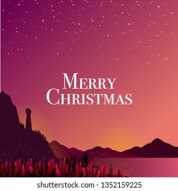 Merry Christmas Card in Fantasy Sea and modern typography. Premium Christmas card in flat design. beautiful abstract stars night fairy tale with glitter pink garden in vector creative design concept