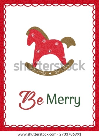 Merry Christmas card featuring a red rocking horse with decorative details, framed by a patterned red border and BE MERRY text in vintage style 