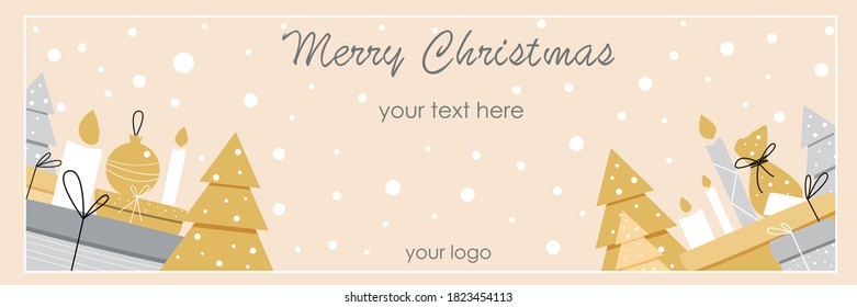 Merry Christmas card. Festive horizontal banner with text Merry Christmas.