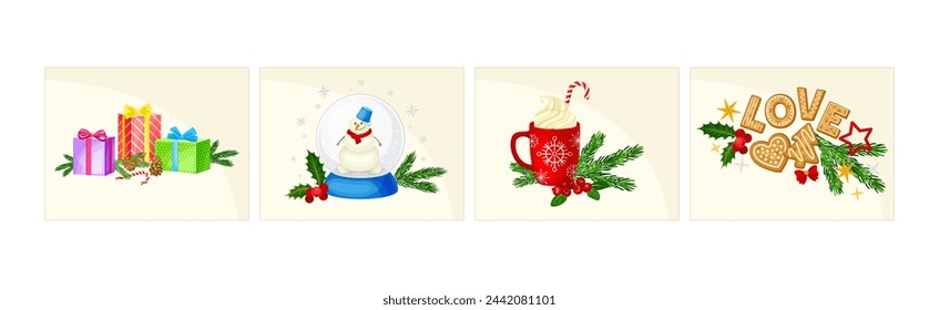 Merry Christmas Card with Festive Object Vector Set