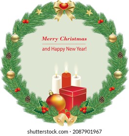 Merry Christmas card with festive wreath of fir branches with decoration, gift box, balls and candles. Happy New Year 2022. Vector illustration.