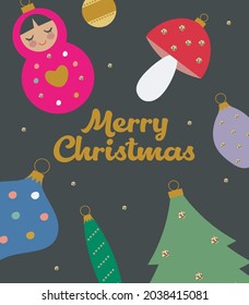 Merry Christmas card with figures of balls, matryoshka. Colored vector illustration in flat cartoon style.