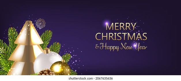 Merry Christmas Card With Fir Tree Violet Background With Gradient Mesh, Vector Illustration