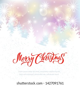 Merry Christmas card with fir-trees and glowing lights. Handwritten lettering Merry Christmas. Place for text. Vector illustration for winter holiday, invitation, greeting card, poster, web, banner.