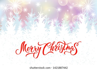 Merry Christmas card with fir-trees. Handwritten lettering Merry Christmas. Place for text. Vector illustration for winter holiday, Happy New Year, invitation, greeting card, poster, web, banner.