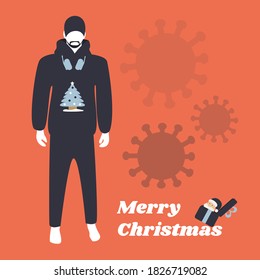 merry christmas card flat design & tree vector. handsome man or male isolated. cool santa cartoon. young model guy with headphones for music. coronavirus or covid-19 background. corona virus viral art
