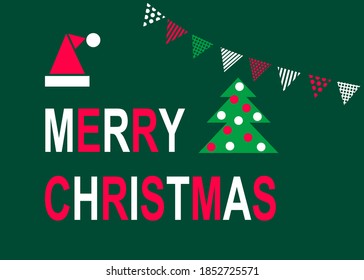 Merry Christmas card. Flat image in minimalist style. Merry Christmas, Santa Claus hat, holiday flags, Christmas tree on a dark green background. Vector.