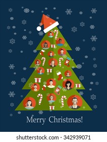 Merry christmas card, with flat christmas tree.