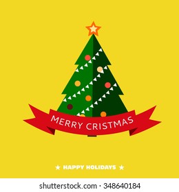 Merry christmas card, with flat christmas tree on yellow background. vector illustration