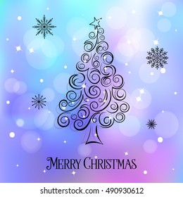 Merry Christmas card with flourish christmas tree vector illustration. Holiday xmas poster and postcard. Beautiful christmas background.