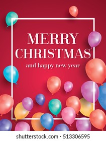 Merry christmas card with flying balloons and white frame. Vector illustration