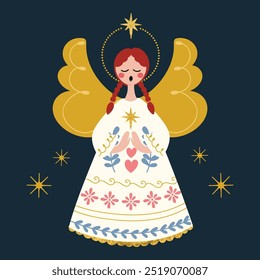 Merry Christmas card folk art design vector. Wallpaper with angel, sparkle on navy blue background. Illustration design for sticker, card, poster, invitation, greeting.