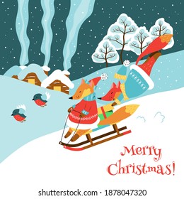 Merry Christmas card with foxes wearing coats and hats and birds. In the background there are houses, forest, snow and text