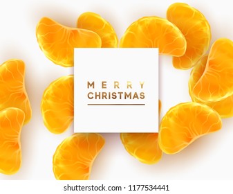 Merry Christmas card. Fruit white background. Slices of orange and mandarin are scattered.