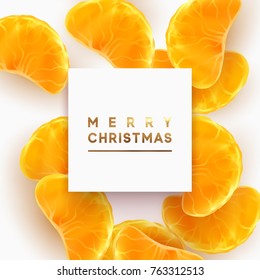 Merry Christmas card. Fruit white background. Slices of orange and mandarin are scattered.