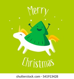 Merry Christmas card with fun Christmas tree and unicorn on green background. Vector illustration.