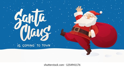 Merry Christmas card. Funny cartoon Santa Claus. Red bag with presents. Winter holidays cute retro character. Red Santa hat. For Christmas and New Year posters, banners. Santa is coming text.