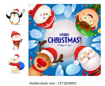 Merry Christmas card with funny cartoon characters. Lettering with decorations can be used for invitation and greeting card. Holiday concept
