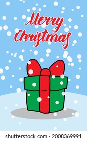Merry Christmas card in funny cartoon style. Vector illustration with typography, gift box and falling snow. Cute print cor celebration design and decor. Blue, white and red colors