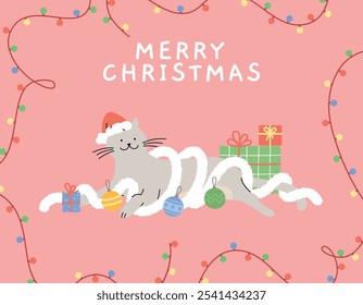 Merry Christmas card with funny cat and gifts. Cute kitten in garland, xmas poster template. New Year, winter holiday congratulation vector design