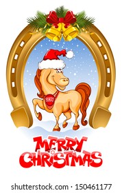 Merry Christmas card with funny horse (symbol of 2014 year)