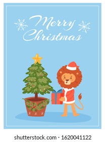 Merry christmas card with funny lion in red santa cloths holding gift box, Christmas tree, cartoon vector illustration. Christmas character for text poster, banner, postcard or greeting card.