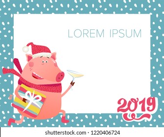Merry Christmas card with funny pig running with a glass of champagne, chinese new year symbol in vector