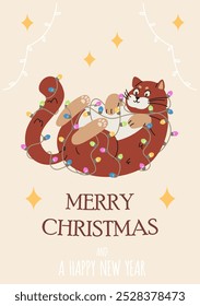 Merry Christmas card with funny plump cat playing with Christmas garland flat vector illustration.