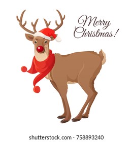 Merry Christmas card. Funny red nose reindeer with red santa hat and scarf. Cartoon flat illustration isolated on white. Great for Christmas and New Year posters, banners, gift tags and labels.