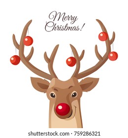 Merry Christmas card. Funny red nose reindeer with Christmas balls on his horns. Cartoon flat illustration isolated on white. Great for Christmas and New Year posters, banners, gift tags and labels.