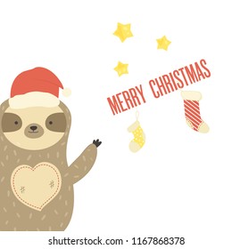 Merry Christmas card with funny sloth and holiday socks