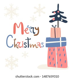 Merry Christmas card. Gift boxes and Christmas tree. Scandinavian flat style. Vector illustration.