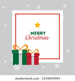 merry christmas card with gift boxes and square frame vector illustration design