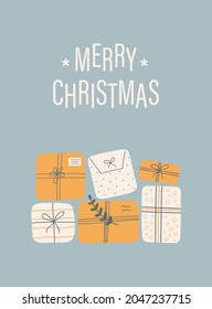 Merry Christmas card with gift boxes and text on a blue background. Perfect for gift tag, planner, scrapbooking, calendar, invitations. Vector illustration