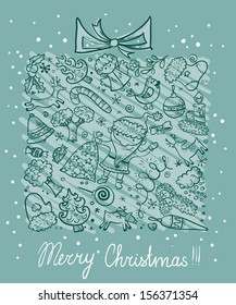 Merry Christmas card with gift doodle silhouette