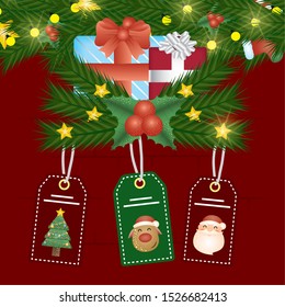 merry christmas card with gift and tags hanging vector illustration design