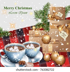 Merry Christmas card with gifts and Hot chocolate cups. Vector realistic illustration