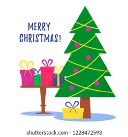 Merry Christmas card with gifts on the table, lettering and Christmas tree. Vector illustration.