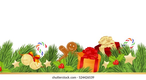 Merry Christmas Card with Gifts on White Background. Vector Illustration
