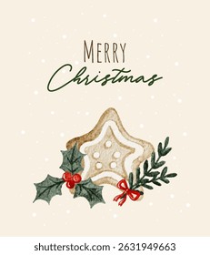 Merry Christmas card with gingerbread cookie and holly watercolor illustration. Vector illustration
