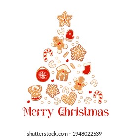 Merry Christmas card with gingerbread cookies. Tree from biscuits. Vector illustration for New Year design.