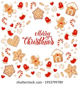 Merry Christmas card with gingerbread cookies. Frame from biscuits. Vector illustration for New Year design.