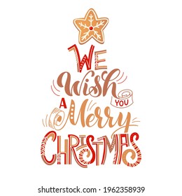 Merry Christmas card with gingerbread cookies. Tree from biscuits. Vector illustration for New Year design.