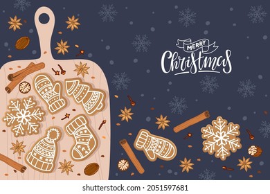 Merry Christmas card with Gingerbread cookies, cutting board and handwritten lettering. Traditional Christmas baking and spices on snowy dark blue background. Flat vector isolated