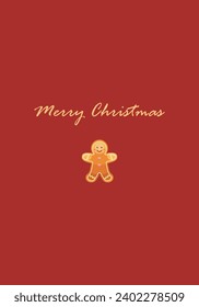 Merry Christmas card with gingerbread man on red background. Creative minimal Christmas art. Vector illustration