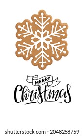 Merry Christmas card with Gingerbread snowflake cookie and handwritten lettering. Traditional Christmas baking with glaze drawing. Winter Holiday symbol. Flat vector isolated on white. Snowflake shape